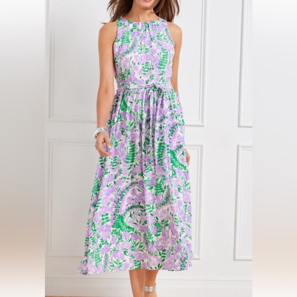 TALBOTS FLORAL PRINT FIT & FLARE SLEEVELESS SUMMER BOW SASH MIDI DRESS SZ 8 - Picture 11 of 11